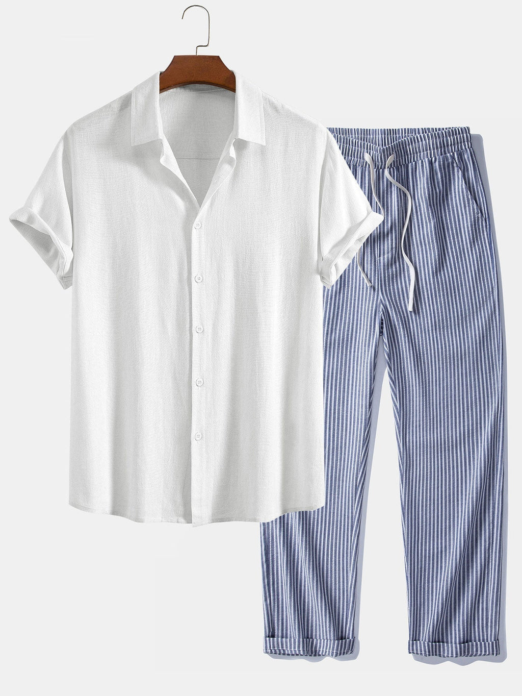 Linen Rayon Blend Button Up Shirt & Linen Look Stripe Straight Leg Pants