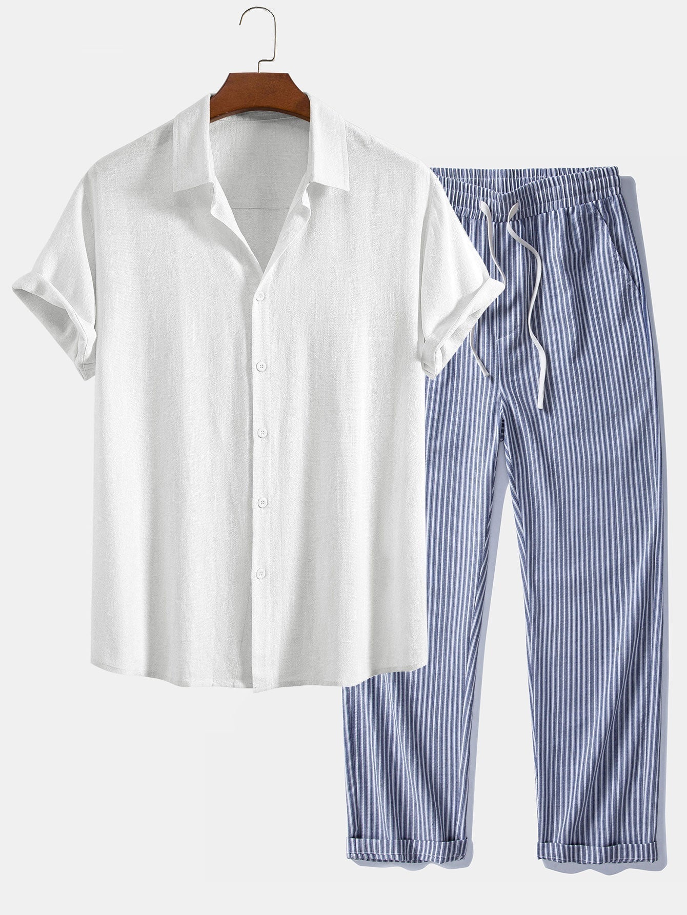 Linen Rayon Blend Button Up Shirt & Linen Look Stripe Straight Leg Pants