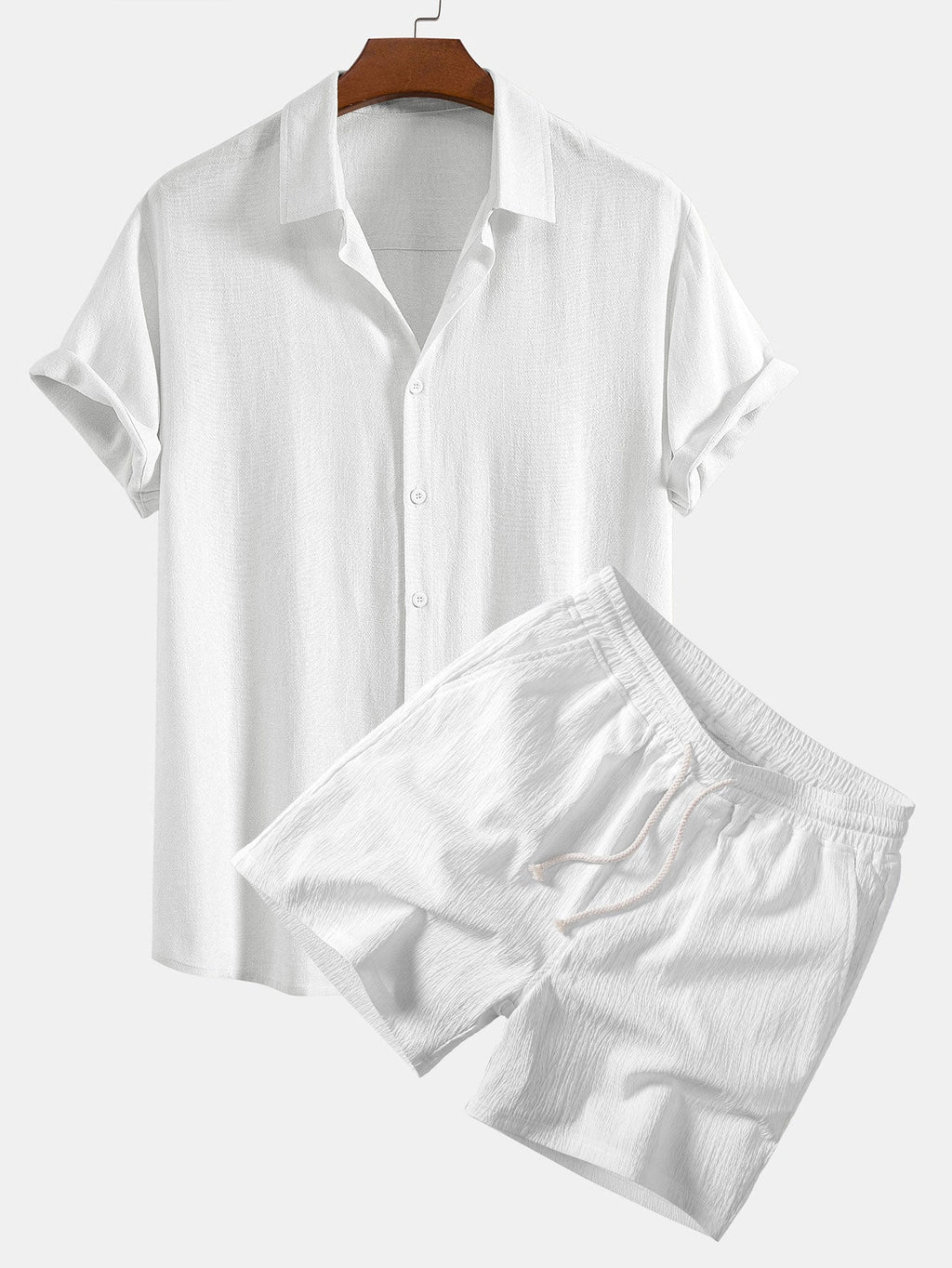 Linen Rayon Blend Button Up Shirt & Crinkle Textured Drawstring 5" Shorts