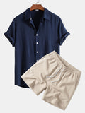 Linen Rayon Blend Button Up Shirt & Crinkle Textured Drawstring 5" Shorts