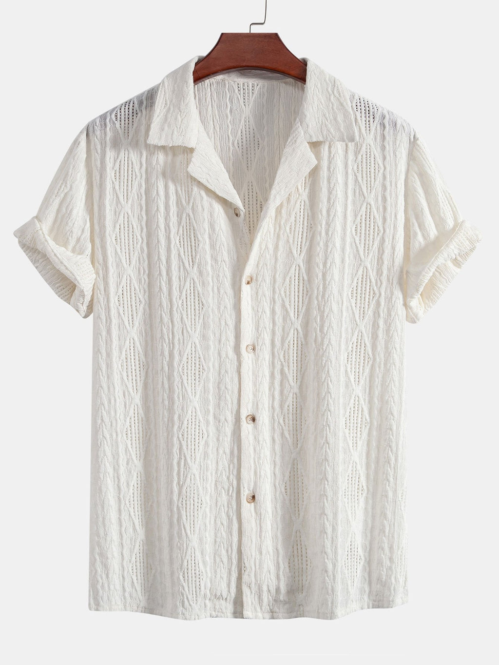 Geometric Jacquard Eyelet Cuban Shirt & Linen Blend Drawstring 7" Shorts
