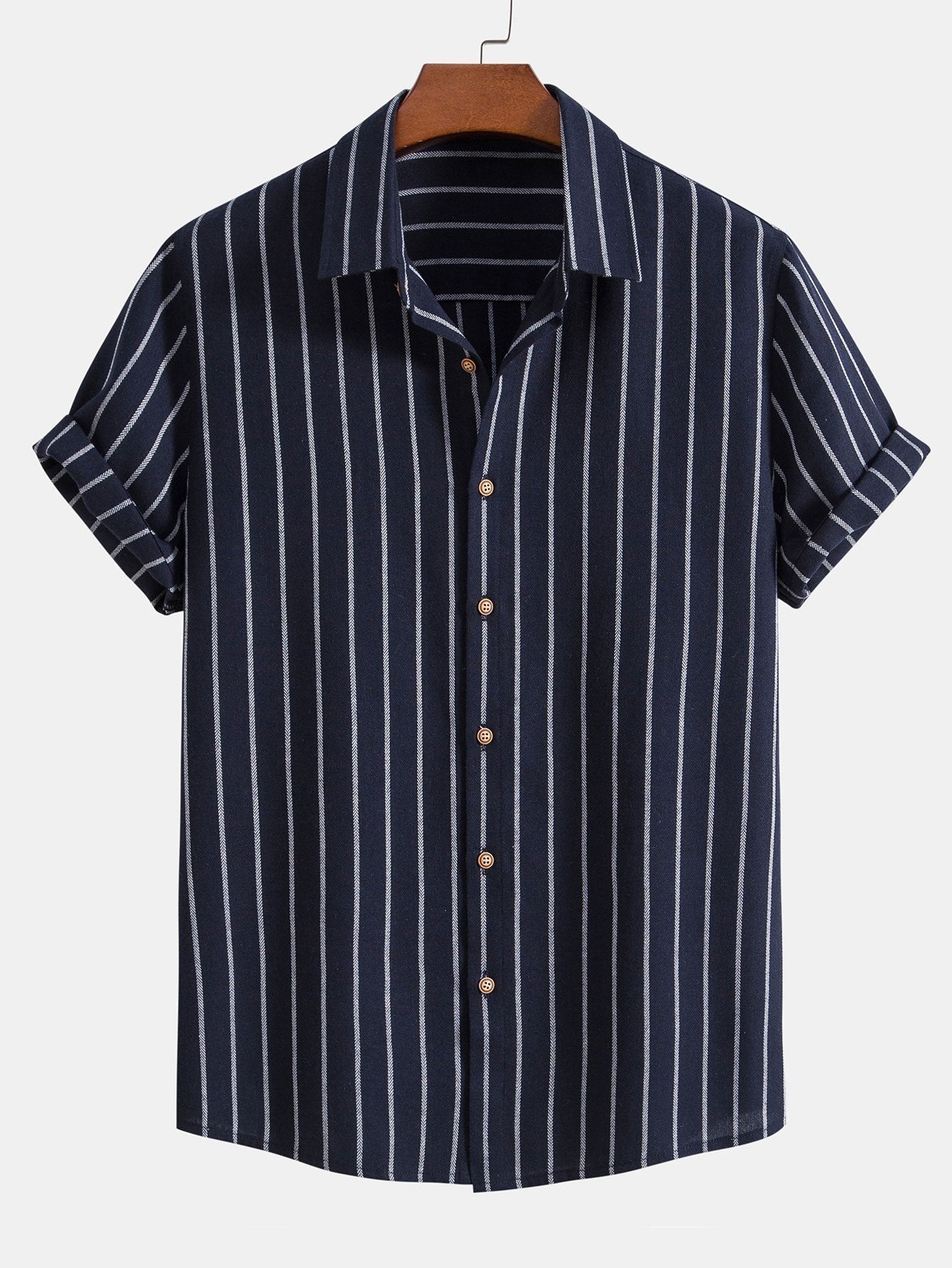 Cotton Blend Striped Button Up Shirt & Crinkle Textured Drawstring 5" Shorts