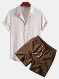 Linen Rayon Blend Button Up Shirt & Crinkle Textured Drawstring 5" Shorts