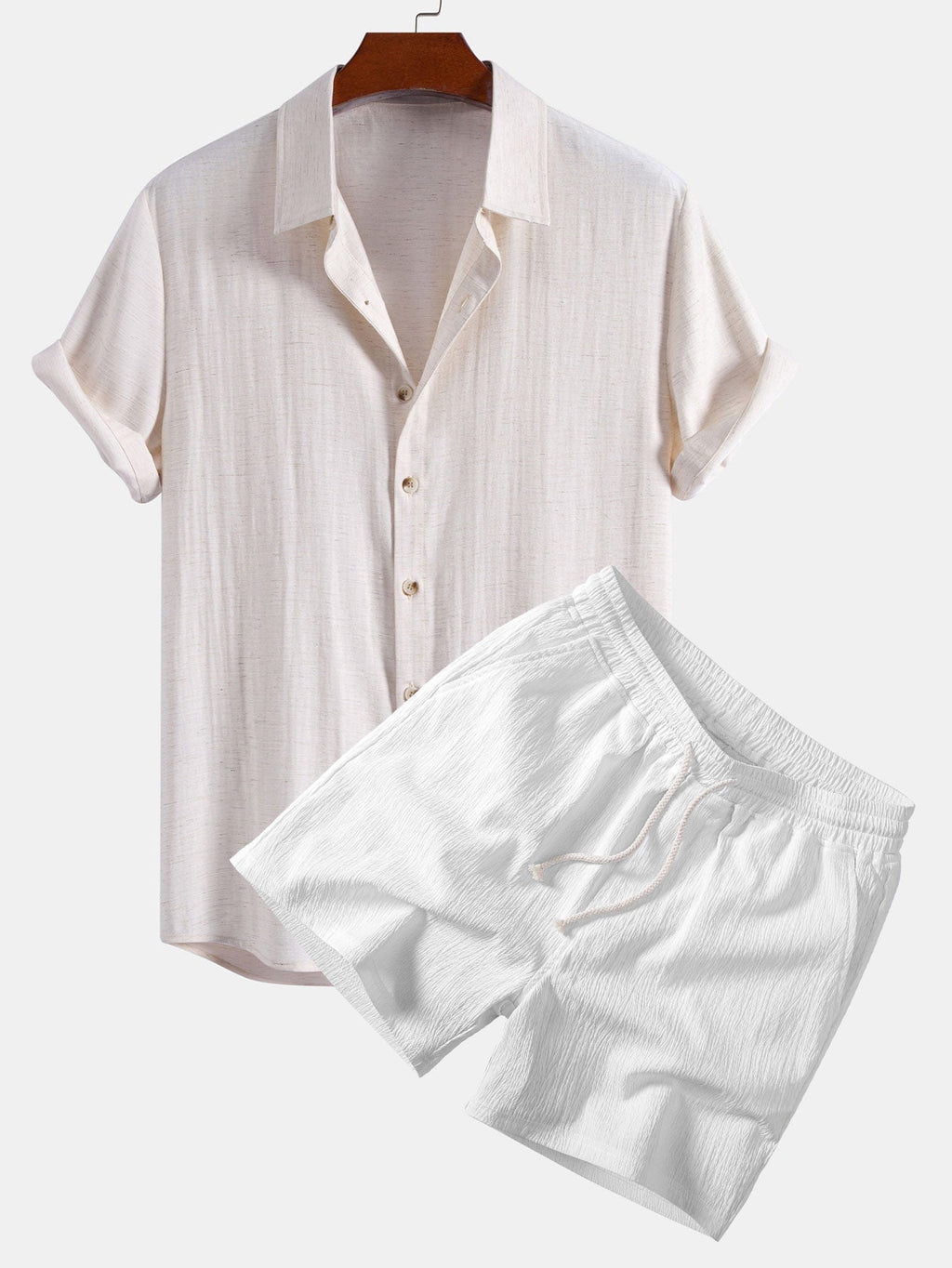 Linen Rayon Blend Button Up Shirt & Crinkle Textured Drawstring 5" Shorts